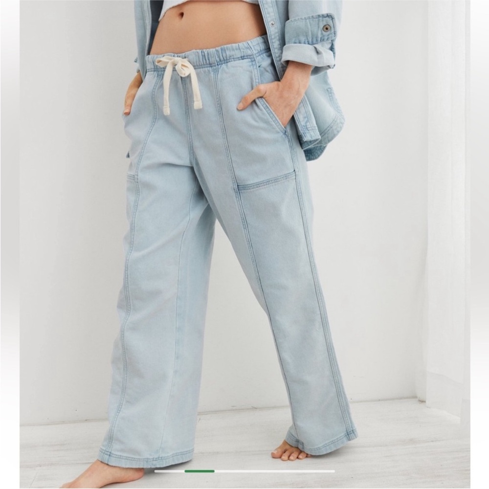 Aerie Me-Day Tie Waist Pant Sweatpants Comfy Cozy Light Ice Blue Small Short NEW
